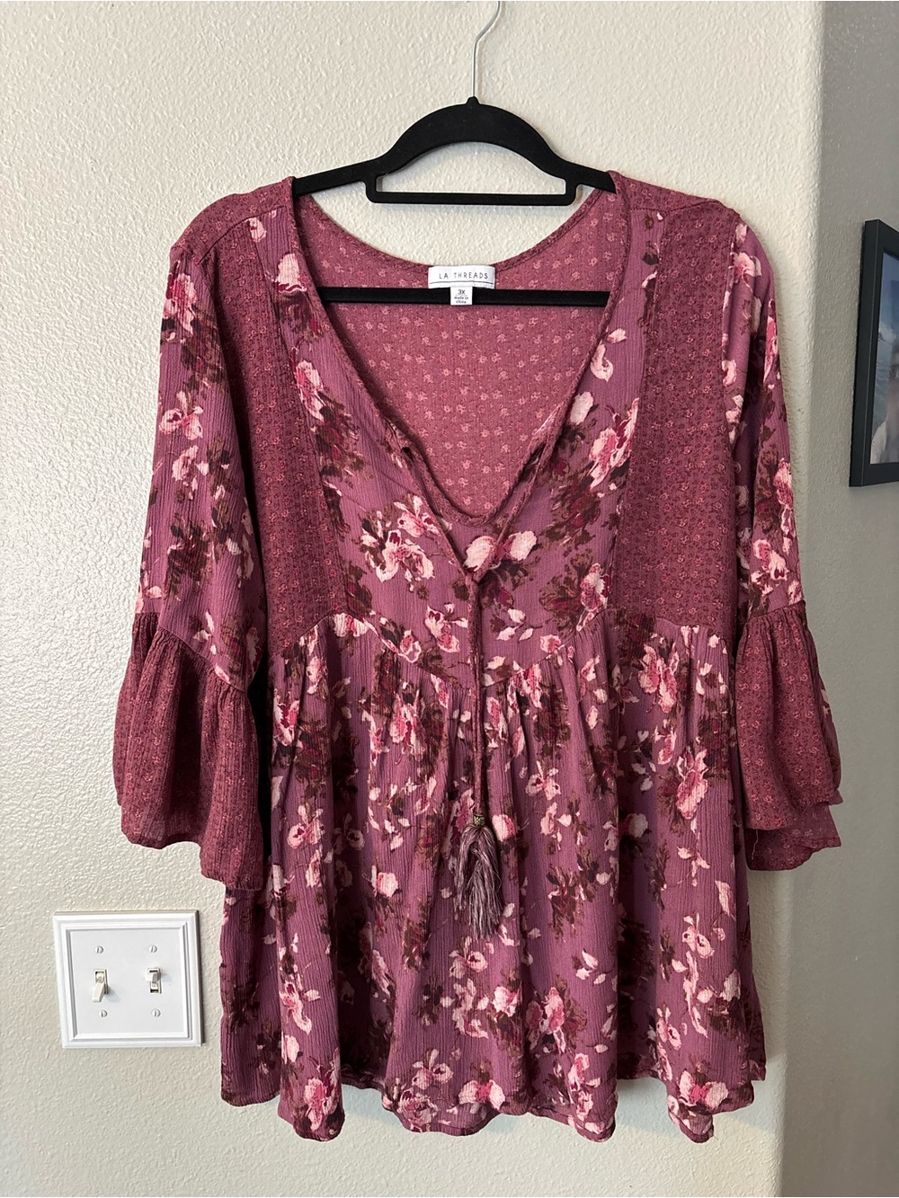 LA Threads Boho Floral Bell Sleeve Peasant Blouse Pink Mauve Plus Size 3X